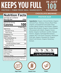 Close-up view of 100Cal Protein Bar Chocolate Brownie packaging front.