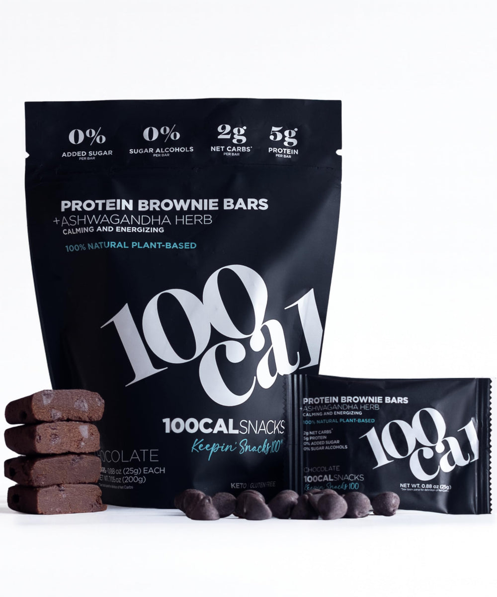 100Cal Protein Bar Chocolate Brownie pack highlights gluten-free keto snack.