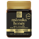 100% Pure New Zealand Honey Manuka UMF25 jar shows premium origin and smooth texture