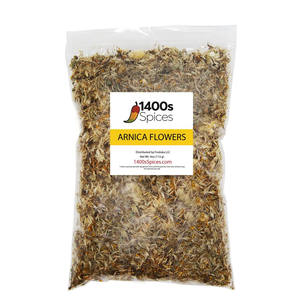 1400s Spices Arnica Flowers Dried Leaves shows whole herb for topical preparation