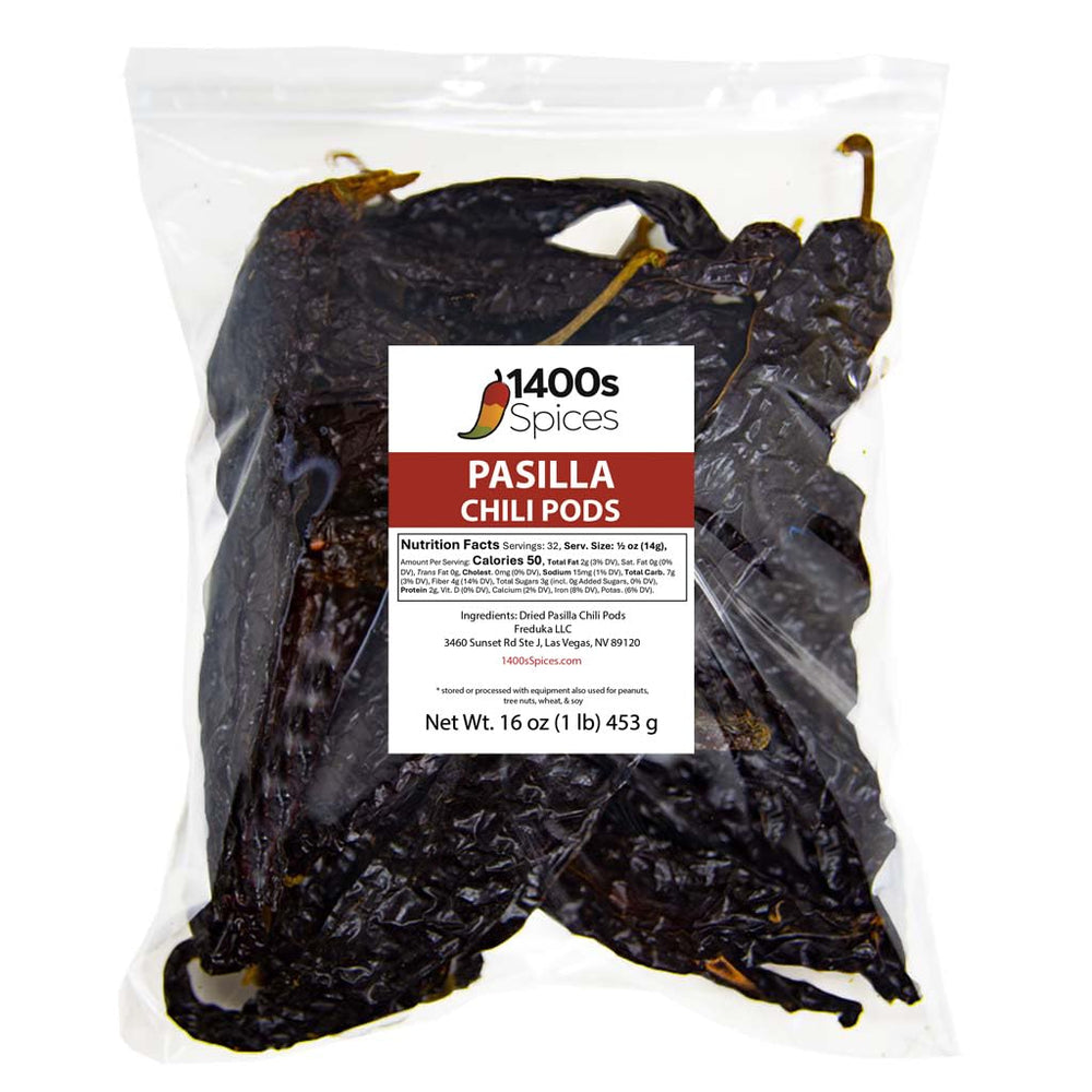 1400S SPICES Pasilla Negro Chilaca chiles front pack for authentic Mexican flavor.