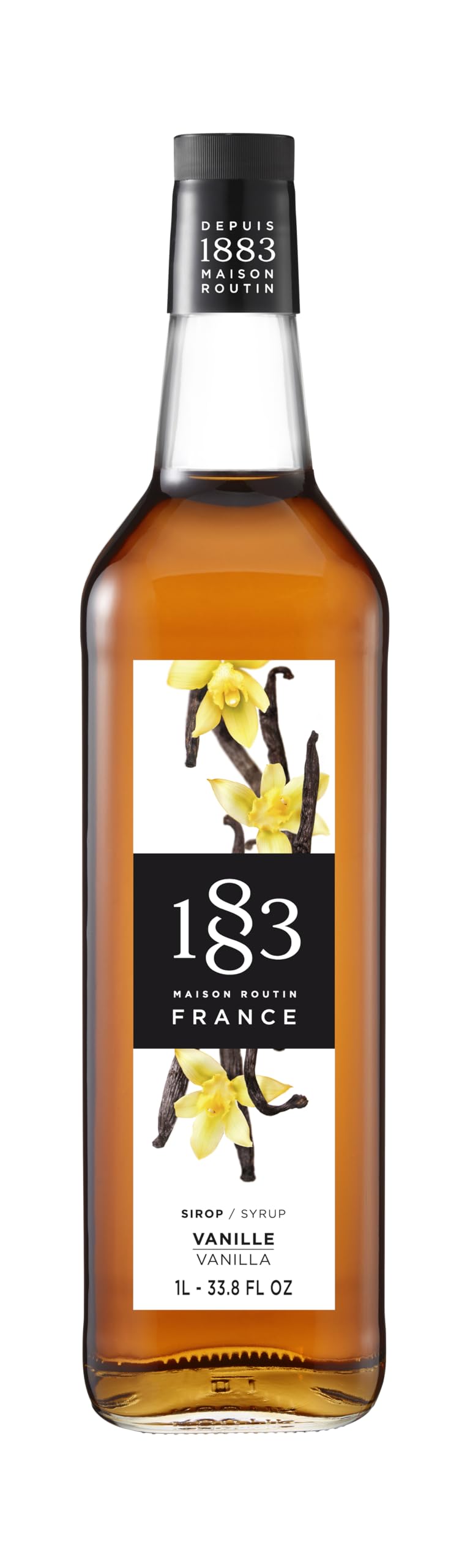 1883 Maison Routin vanilla syrup bottle enhances coffees and desserts with rich vanilla flavor