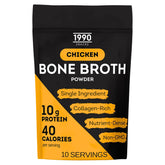1990 SNACKS Premium chicken bone broth powder in a jar for a protein-rich warm sip.
