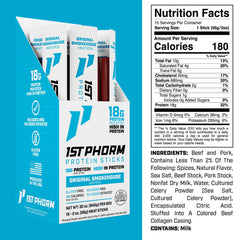 1st Phorm Meat Sticks Original Smokehouse label highlights gluten-free features and clean ingredients.