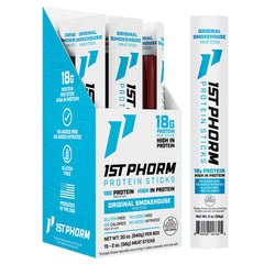 1st Phorm Meat Sticks Original Smokehouse pack shows convenient, protein-packed snack options.