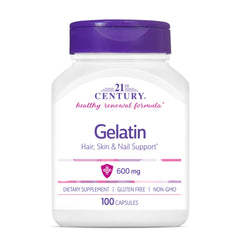 21st Century Gelatin bottle front highlights daily capsule for hair, skin, and nails