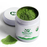 35°N MATCHA organic ceremonial packaging highlighting premium sourcing and freshness.