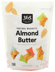 365 by Whole Foods Market almond butter filled pretzel nuggets pack shot, protein-packed snack