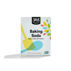 365 by Whole Foods Market Baking Soda 16 oz package on shelf, ideal for baking and household tasks.