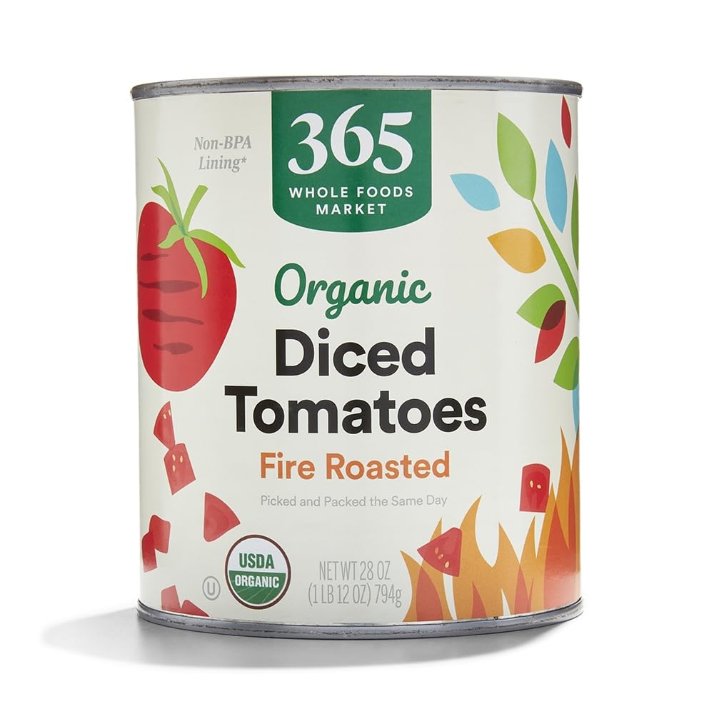 365 by Whole Foods Market fire-roasted diced tomatoes can label front for quick cooking.
