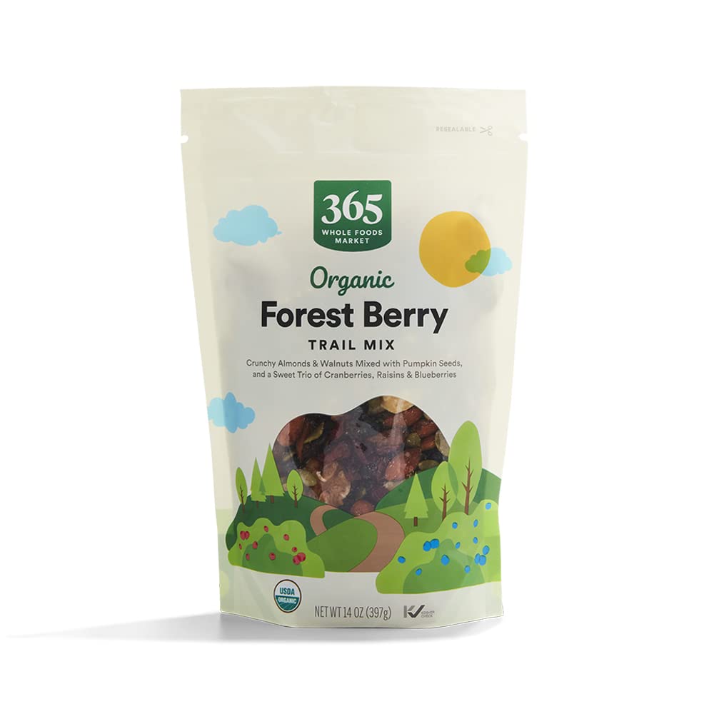 365 by Whole Foods Market forest berry trail mix in a resealable bag keeps freshness on the go.