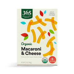 365 by Whole Foods Market macaroni and cheese packaging showcases family size dinner option