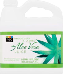 365 by Whole Foods Market aloe vera juice glass, ready to enjoy with fruit.