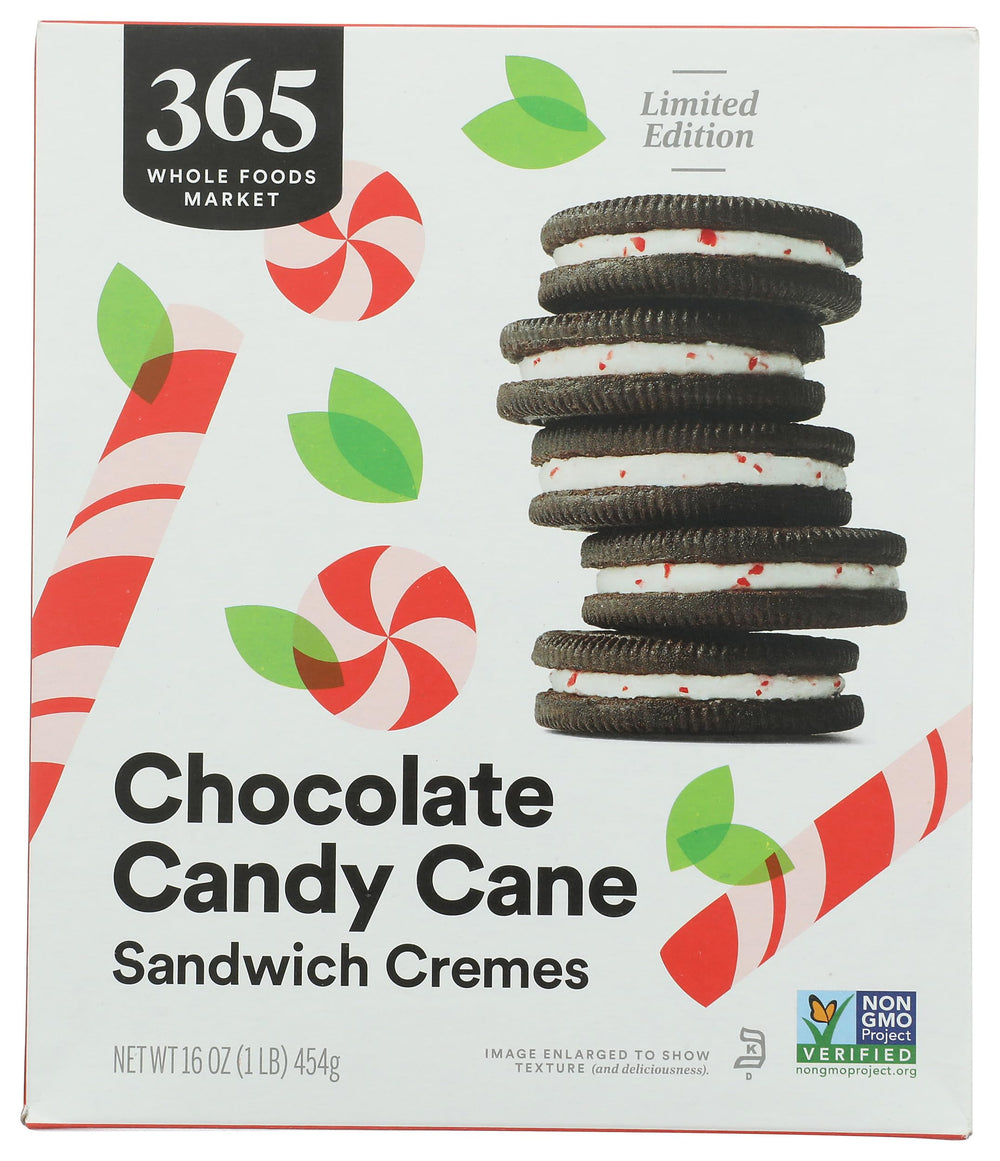 365 by Whole Foods Market chocolate candy cane sandwich cremes box front with festive packaging