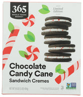 365 by Whole Foods Market chocolate candy cane sandwich cremes box front with festive packaging