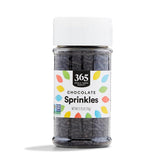 365 by Whole Foods Market chocolate sprinkles jar close-up, vegan-friendly topping for desserts.
