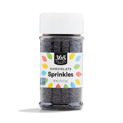 365 by Whole Foods Market chocolate sprinkles jar close-up, vegan-friendly topping for desserts.