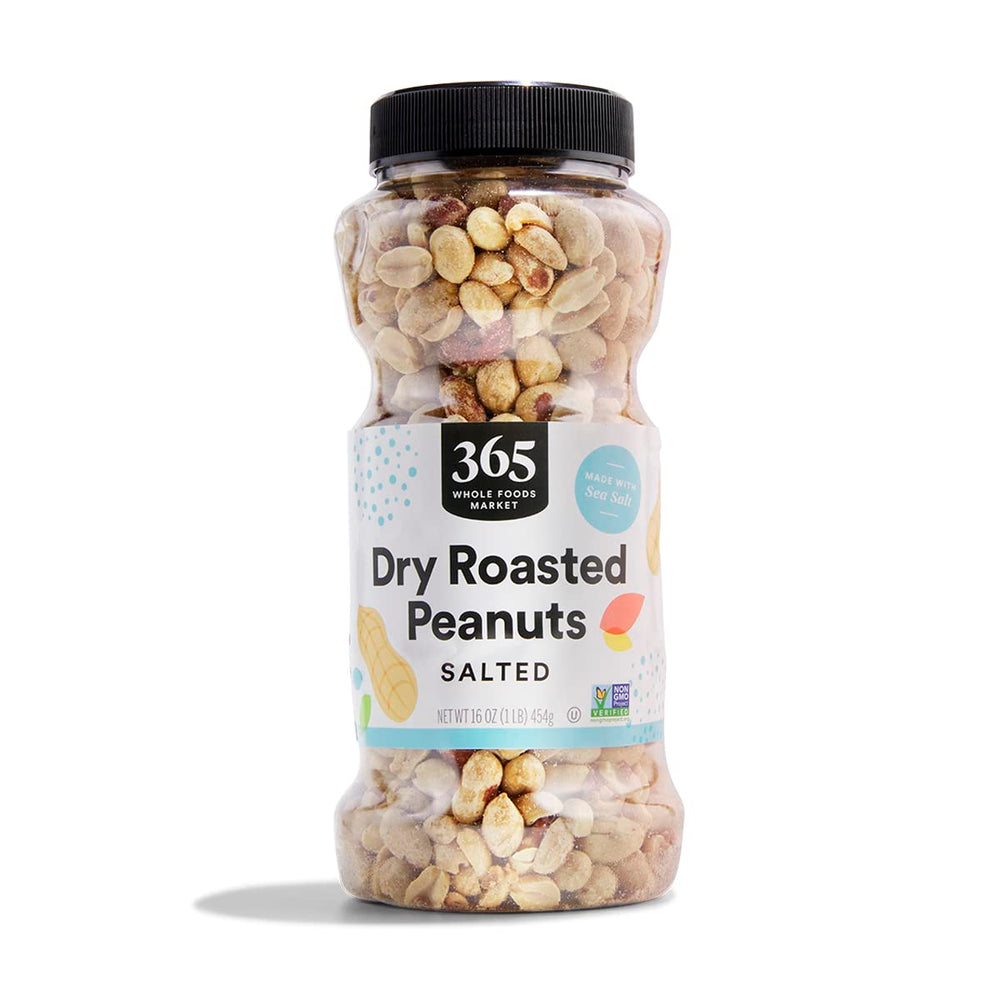 365 by Whole Foods Market dry roasted peanuts packaging front for convenient snacking