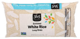 365 by Whole Foods Market enriched long grain white rice front label—trusted staple for quick meals.