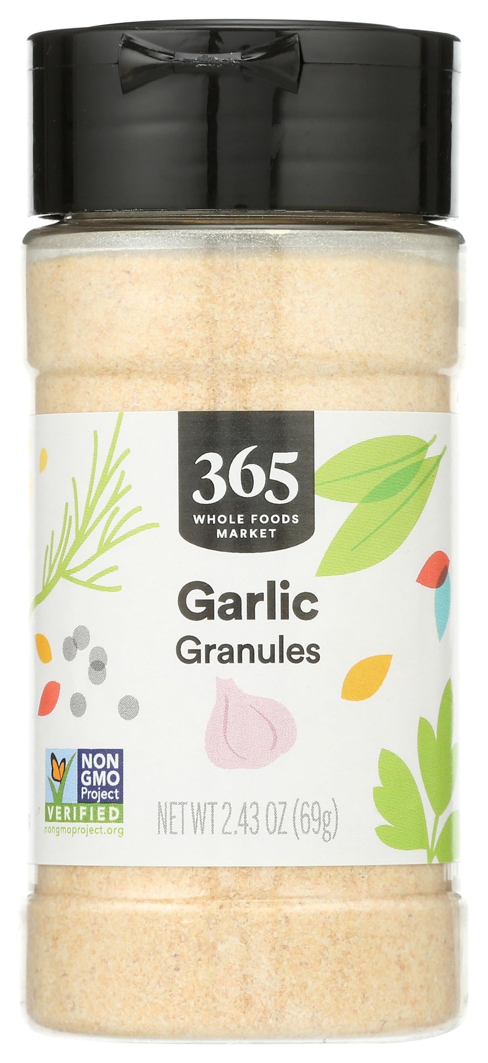 365 by Whole Foods Market garlic granules in a jar on a shelf for everyday seasoning