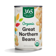 365 by Whole Foods Market Organic Great Northern Beans front label, fat-free pantry staple for quick meals.