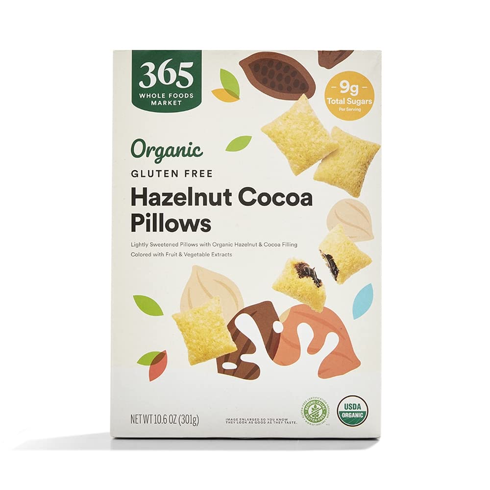 365 by Whole Foods Market hazelnut cocoa pillows box front, gluten-free breakfast option.