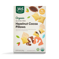 365 by Whole Foods Market hazelnut cocoa pillows box front, gluten-free breakfast option.