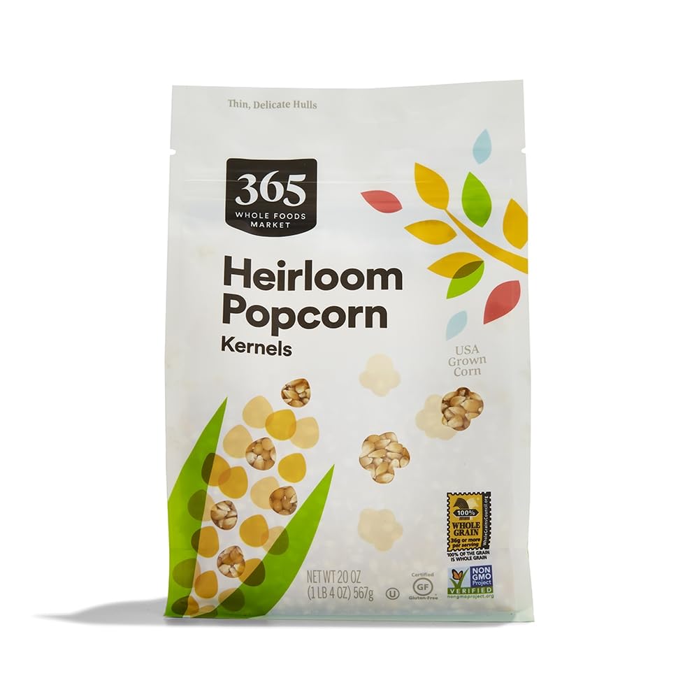 365 by Whole Foods Market heirloom popcorn packaging signals premium quality.