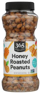 365 by Whole Foods Market honey roasted peanuts jar front, convenient snack option.