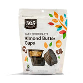 365 by Whole Foods Market mini dark chocolate almond butter cups pack, rich exterior.
