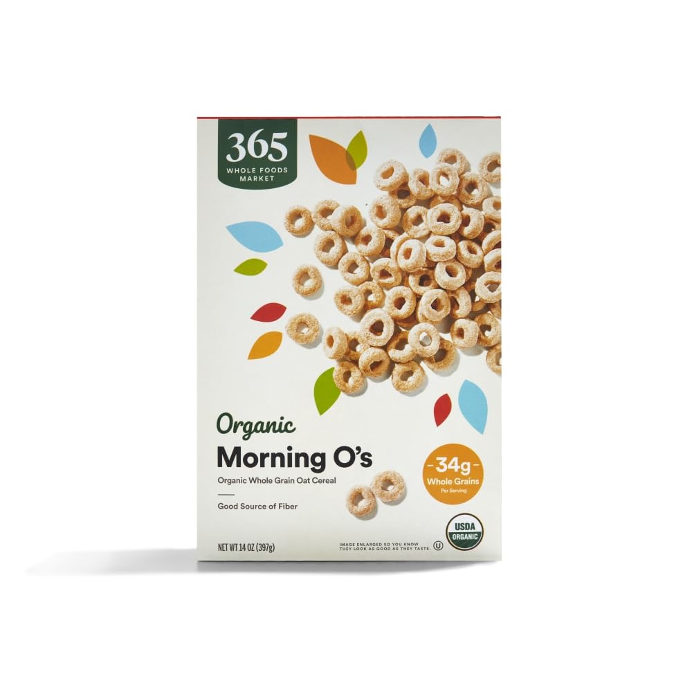 365 by Whole Foods Market Morning O's cereal box on the kitchen counter, a wholesome breakfast option.