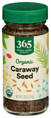 365 by Whole Foods Market organic caraway seed jar on kitchen shelf showing label
