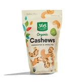 365 by Whole Foods Market organic cashews unroasted and unsalted in a resealable bag for fresh snacking.