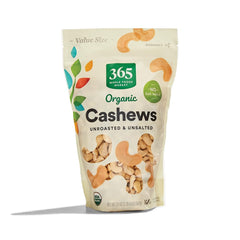 365 by Whole Foods Market organic cashews unroasted and unsalted in a resealable bag for fresh snacking.