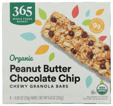 365 by Whole Foods Market packaging for organic chocolate chip peanut butter granola bar, ideal for on-the-go breakfast.