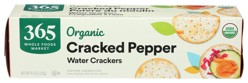 365 by Whole Foods Market Organic Cracked Pepper crackers packaging highlights a premium base for snacks.