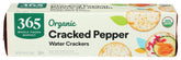 365 by Whole Foods Market Organic Cracked Pepper crackers packaging highlights a premium base for snacks.