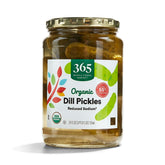 365 by Whole Foods Market dill pickles jar with crisp texture and reduced sodium.