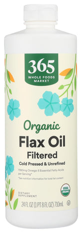 365 by Whole Foods Market organic flax oil bottle showing nutty flavor potential for dressings