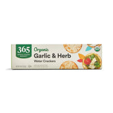 365 by Whole Foods Market packaging of organic garlic and herb water crackers for snacking