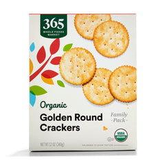 365 by Whole Foods Market organic golden round crackers packshot, ideal for easy snacking