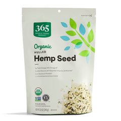 365 by Whole Foods Market organic hulled hemp seeds bag front view for pantry staple use