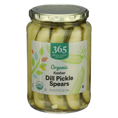 365 by Whole Foods Market organic kosher dill pickle spears jar close-up, crisp texture