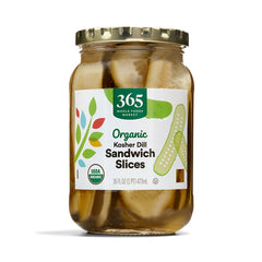 365 by Whole Foods Market organic kosher pickle slices jar showing crisp brine for sandwiches