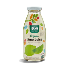 365 by Whole Foods Market organic lime juice bottle front with certification label.