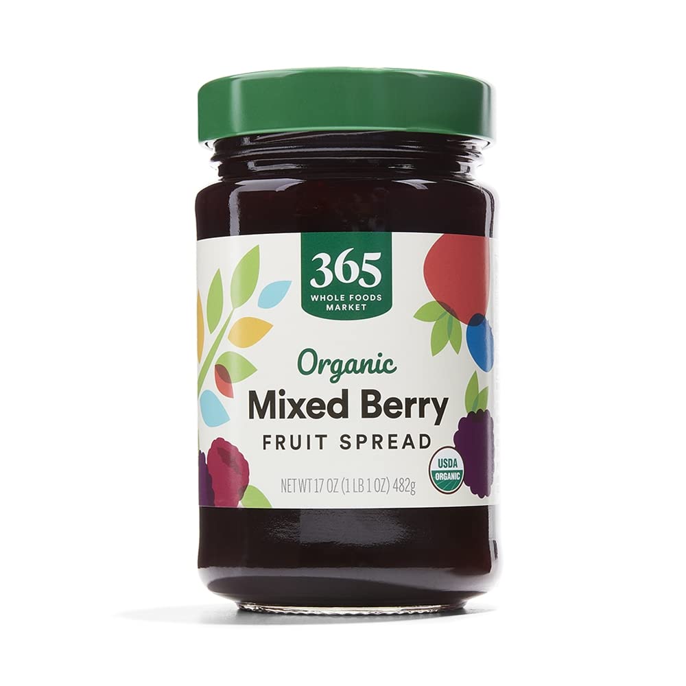 365 by Whole Foods Market organic mixed berry fruit spread front label, ideal for quick breakfasts