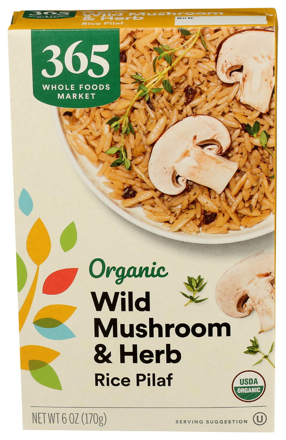 365 by Whole Foods Market Organic Mushroom and Herb Rice Pilaf packaging showing a convenient, ready-to-heat side.