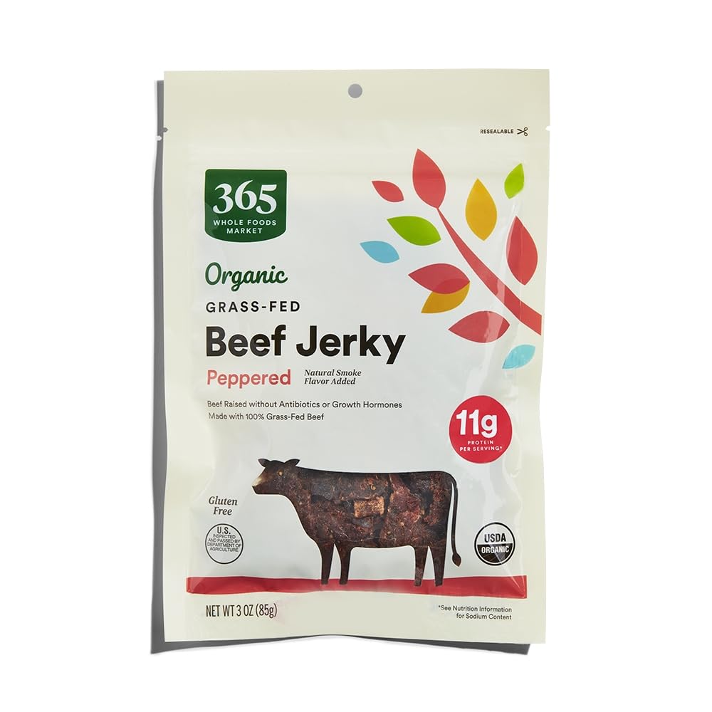 365 by Whole Foods Market organic peppered beef jerky 3-ounce pack, protein-packed snack on the go.