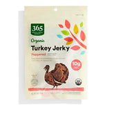 365 by Whole Foods Market Organic Peppered Turkey Jerky front packshot highlighting ready-to-eat protein snack.