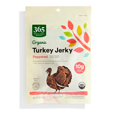 365 by Whole Foods Market Organic Peppered Turkey Jerky front packshot highlighting ready-to-eat protein snack.